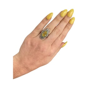 Art Deco Natural Fancy 4.00 Ct Vivid Yellow Diamond And Emerald Ring GIA Report