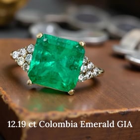 12.19ct Princess Cut GIA Colombia Emerald With Diamond And 14K Yellow Gold Ring
