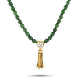 Fred of Paris Vintage 18K Yellow Gold 3.50ct Diamond and Jade Tassel Necklace FP12-072925