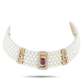 LB Exclusive 18K Yellow Gold 5.0ct Diamond, Ruby, and Pearls Choker Necklace MF13-072925