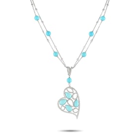 LB Exclusive 18K White Gold 1.05ct Diamond and Turquoise Heart Necklace MF07-080425