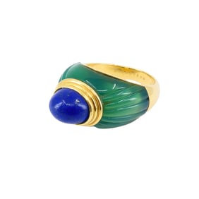 1980's Boucheron Jaipur Ring 18k Gold Chrysophrase Lapis Lazuli Original Pouch