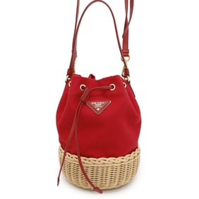 Prada Handbag Drawstring Bucket Bag Canvas Raffia 1BH115 PRADA 2-way