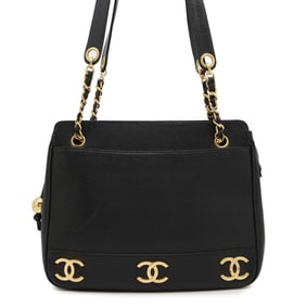 CHANEL Chain Tote Bag with Triple Coco Mark and Caviar Leather Double Shoulder A03675 Black