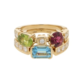 Bvlgari Allegra Diamond Ring with Blue Topaz, Tourmaline and Peridot in 18K Yellow Gold
