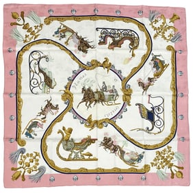 Hermes Hermès Carré 90 Scarf, "Plumes et Grelots" (Feathers and Bells), Silk, Pink, Multicolor,