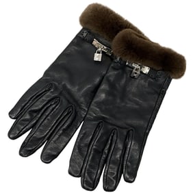 Hermes Hermès Kelly Gloves for Women, Leather, Silk, Mink, Black, Brown, Fur, Padded Cadena