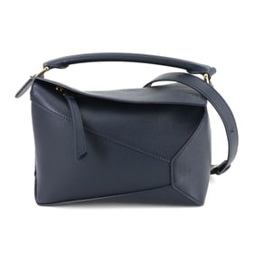 LOEWE Puzzle Bag Small, 2-way hand/shoulder bag, navy leather with gold hardware.