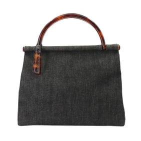 CHANEL Tortoiseshell-style Plastic Handle Handbag in Black Denim with Gold Hardware