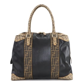 FENDI Zucca Zucchino Handbag in Black and Brown Canvas with Gold Hardware (8BL096)