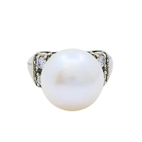 Vintage Pearl Diamond Ring 14k White Gold