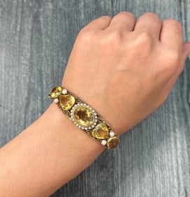 Midcentury Victorian Revival Citrine and 14K Gold Statement Bangle
