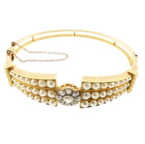 English Victorian 15K Gold, Natural Pearl & Diamond Bangle Bracelet