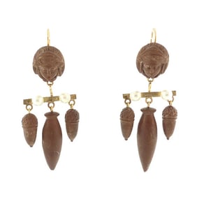 Victorian Grand Tour 15K Gold, Pearl & Lava Girandole Earrings