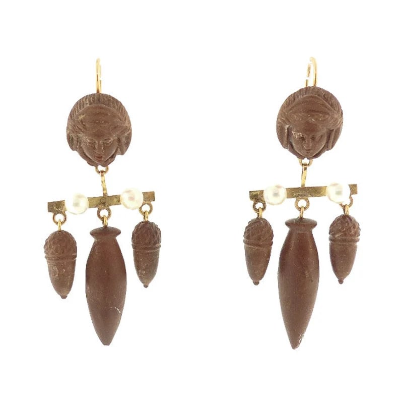 Victorian Grand Tour 15K Gold, Pearl & Lava Girandole Earrings: A nice pair of mid-Victorian earrings worked in chocolate brown lava set with pearls in 15K yellow gold. The earrings are designed as two acorns flanking an elongated amphora form surmounted by a lady