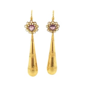 French Victorian Amethyst, Pearl & 18K Torpedo Earrings
