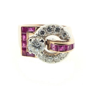 Retro 14K Gold, Platinum, Diamond & Ruby Buckle Ring