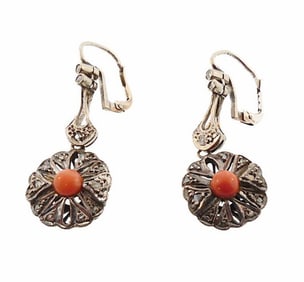 Edwardian 10K White Gold, Coral & Diamond Earrings