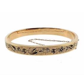 Victorian 14K Gold & Taille d’Epargne Enamel Hinged Bangle Bracelet