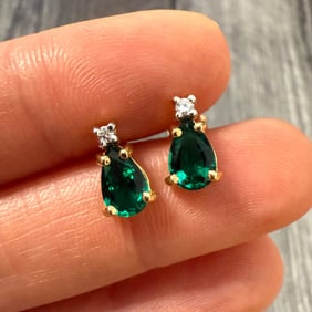 Synthetic Emerald and Diamond 14K gold Pear Shaped Stud Earrings