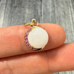 White Agate and Pink Sapphire Crescent Moon Pendant in 18K Gold