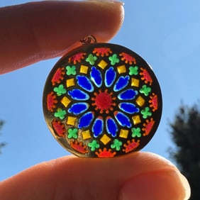 Vintage French Stained Glass Plique a Jour 18K Gold Pendant