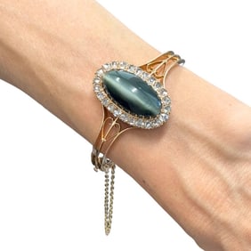 Antique Victorian Gold Diamond Cat's Eye Clamper Bracelet