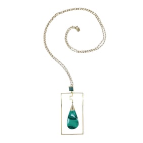 Modernist 10k Gold Malachite Pendant 14k Chain Necklace