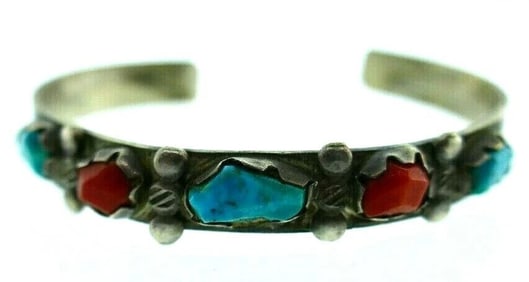 AMERICAN INDIAN Sterling Silver, Coral & Turquoise Bangle Bracelet