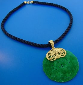 18k Yellow Gold and Diamond Topped Carved Jade Pendant on Rope & Gold Necklace
