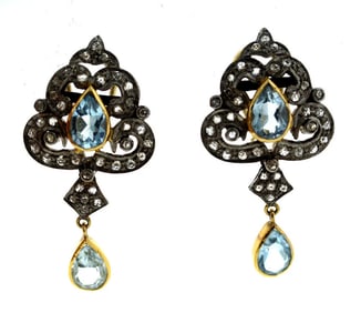 14K GOLD SILVER ROSE CUT DIAMOND AQUAMARINE EARRINGS CLIP ON C1950 VINTAGE