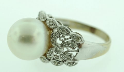 BEAUTIFUL 14K WHITE GOLD 0.34 CTS DIAMOND SOUTH SEA PEARL RING