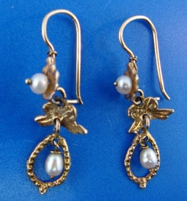 AMAZING 10k Yellow Gold Pearl Earrings, c. 1950