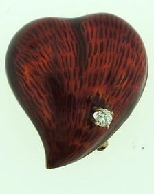 ADORABLE 18K GOLD DIAMOND RED ENAMEL HEART PIN/BROOCH C.1980 SIGNED 0.10CTS