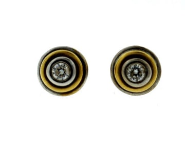 14K YELLOW WHITE GOLD STUD EARRINGS DIAMOND ROUND STYLISH