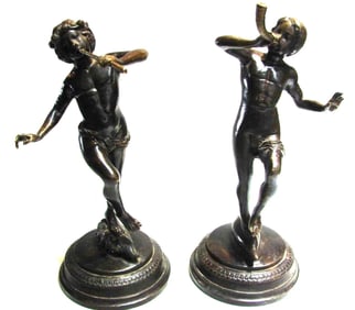 ANTIQUE VICTORIAN C.1900 BRONZE STATUE PAIR TWO NAKED MUSICIAN ANGEL EROS ART