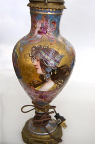 ART NOUVEAU HAND PAINTED SEVRES VASE LAMP PAINTING BRONZE ORMOLU SIGNED ART