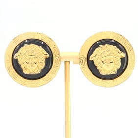 Versace Medusa Earrings, Gold-Black Metal, Round, Old Women's, VERSACE