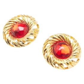 Yves Saint Laurent Saint Laurent Round Earrings with Color Stones, Gold and Red Plated, Women's,