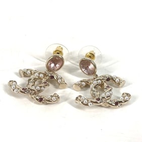 CHANEL ABB511 23B CC Coco Mark Rhinestone and Faux Pearl Earrings, Metal, Women's, Gold, Like New