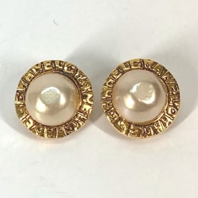 CHANEL Vintage Round Logo Faux Pearl Earrings, Metal, Women's, Gold