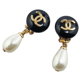 CHANEL Coco Mark Pearl Earrings, Gold and Black Plated, Women's