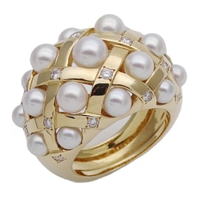 CHANEL Women's Ring, 750YG Pearl, Diamond, Baroque Yellow Gold, Size 14.5