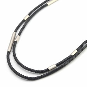 Hermes Hermès Totem Double Tour Necklace, Black and Silver, Leather Metal, Long, Double-Layer,