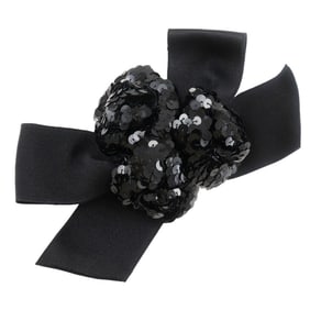 CHANEL Flower Ribbon Brooch, Satin and Sequins, Black Ribbon, Approx. 19g, Women's