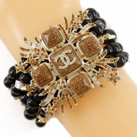 CHANEL Coco Mark Bracelet, Gold Plated with Rhinestones, 2021, Black, P21C, Approx. 75g, Women's,