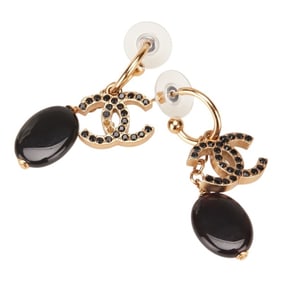 CHANEL Coco Mark Rhinestone Swing Hoop Earrings, Gold and Black Plated, Women's