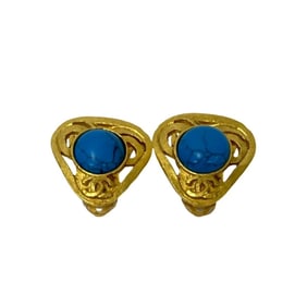 CHANEL Vintage 95P Engraved Coco Mark Turquoise Earrings and Ear Cuffs, Gold, 198-1