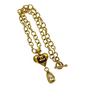 CHANEL Vintage 95P Engraved Gripoa Coco Mark Heart Faux Pearl Necklace Pendant Gold 27373
