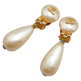 CHANEL Coco Mark Pearl Earrings, Gold and White Plated, Women's